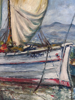 Brocante Gramon - Vintage French Fishing Boats oil painting on canvas mounted on timber frame