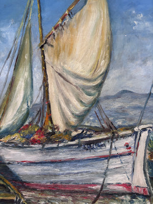 Brocante Gramon - Vintage French Fishing Boats oil painting on canvas mounted on timber frame