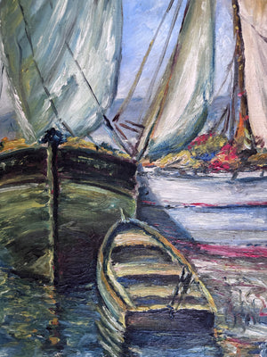 Brocante Gramon - Vintage French Fishing Boats oil painting on canvas mounted on timber frame