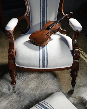 Brocante Gramon - Antique Victorian Armchair Restored with Antique Hungarian Grainsack Linen