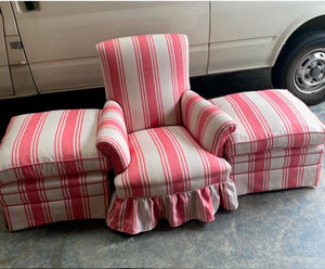 Brocante Gramon - Antique Red Off-white English Linen Striped Armchairs (Pair)