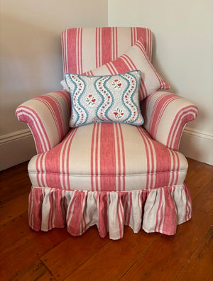 Brocante Gramon - Antique Red Off-white English Linen Striped Armchairs (Pair)