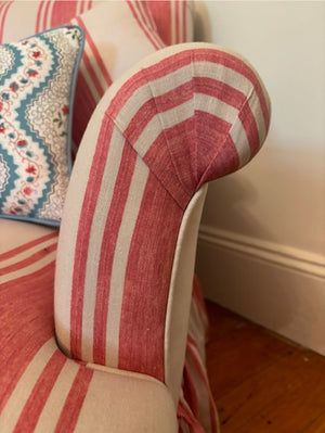Brocante Gramon - Antique Red Off-white English Linen Striped Armchairs (Pair)