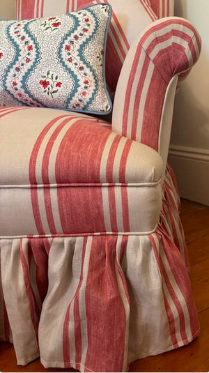 Brocante Gramon - Antique Red Off-white English Linen Striped Armchairs (Pair)