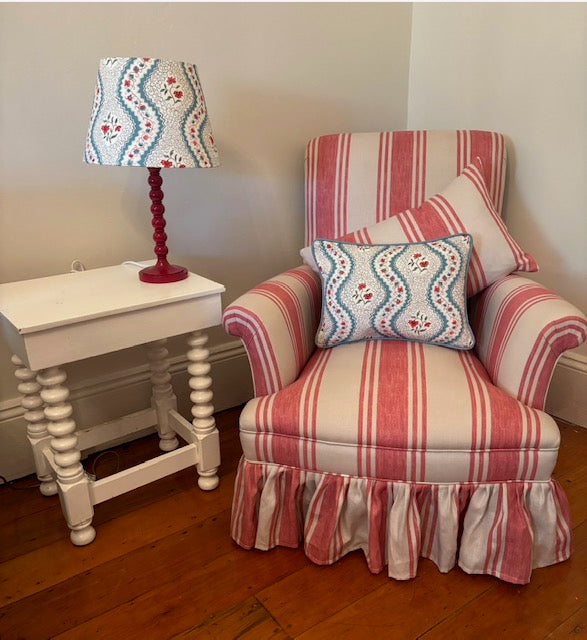Brocante Gramon - Antique Red Off-white English Linen Striped Armchairs (Pair)