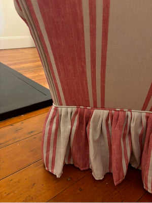 Brocante Gramon - Antique Red Off-white English Linen Striped Armchairs (Pair)