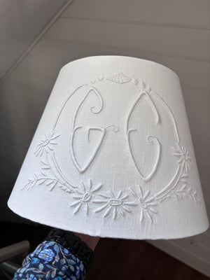 Brocante Gramon - Antique French Monogrammed Linen Lampshade - GC