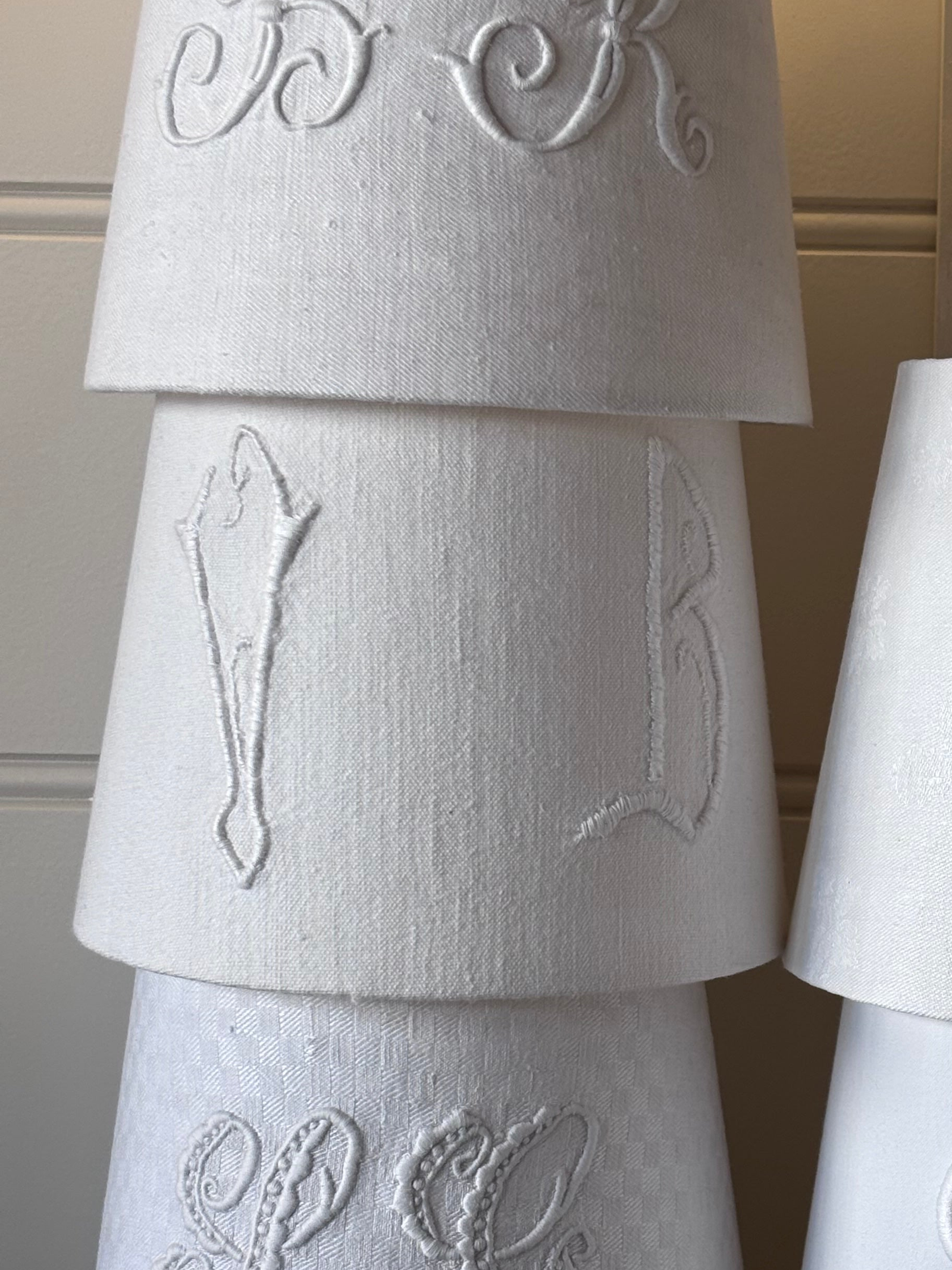 Brocante Gramon - Antique French Monogrammed Linen Lampshade - VB