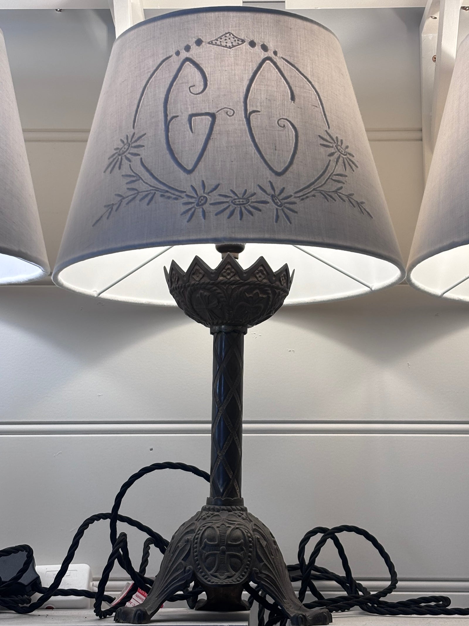 Brocante Gramon - Antique French Monogrammed Linen Lampshade - GC
