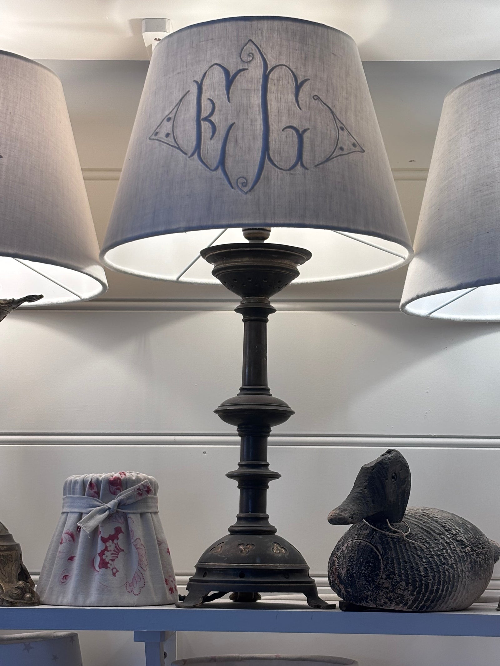 Brocante Gramon - Antique French Monogrammed Linen Lampshade - EG