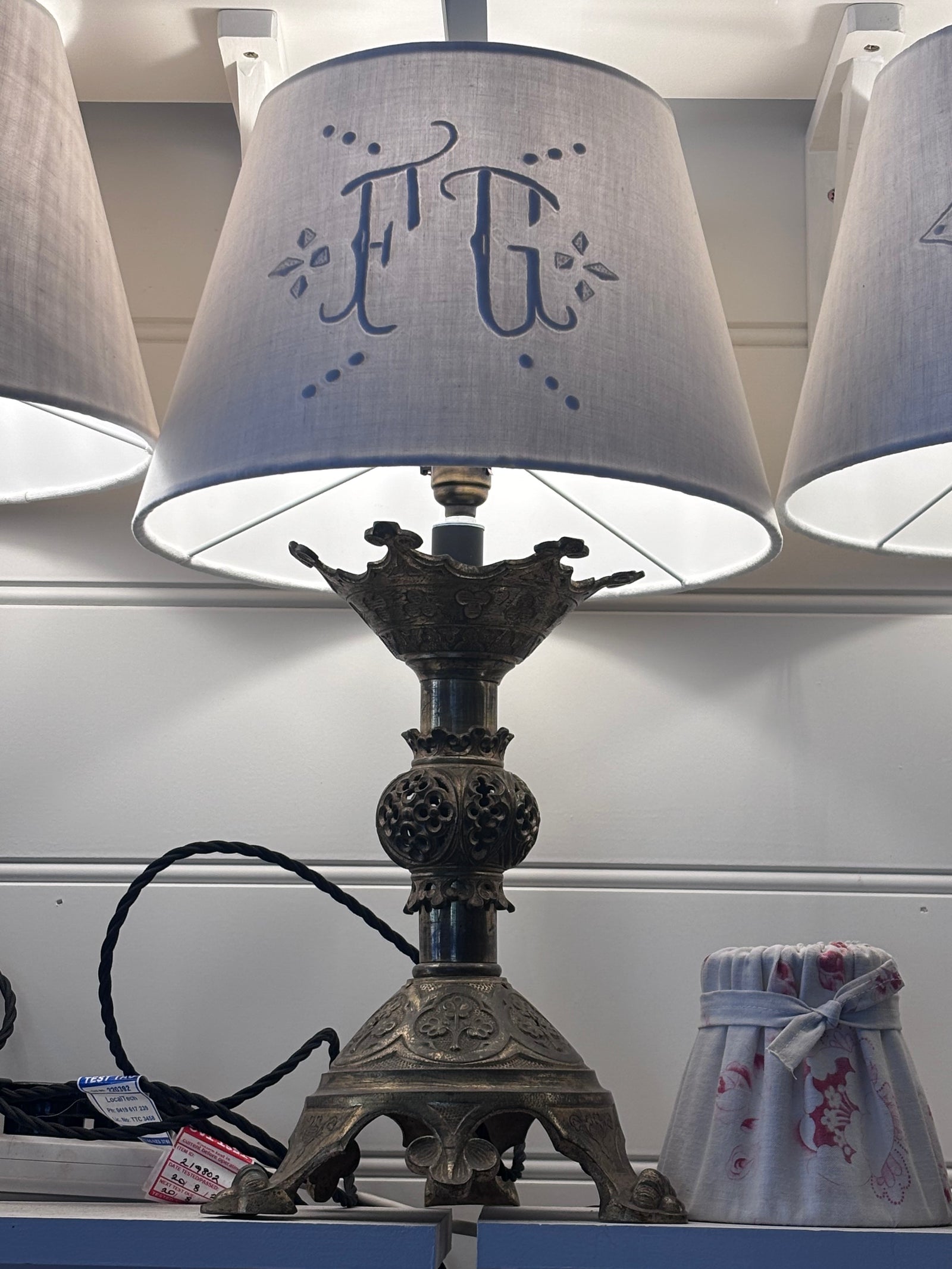 Brocante Gramon - Antique French Monogrammed Linen Lampshade - FG