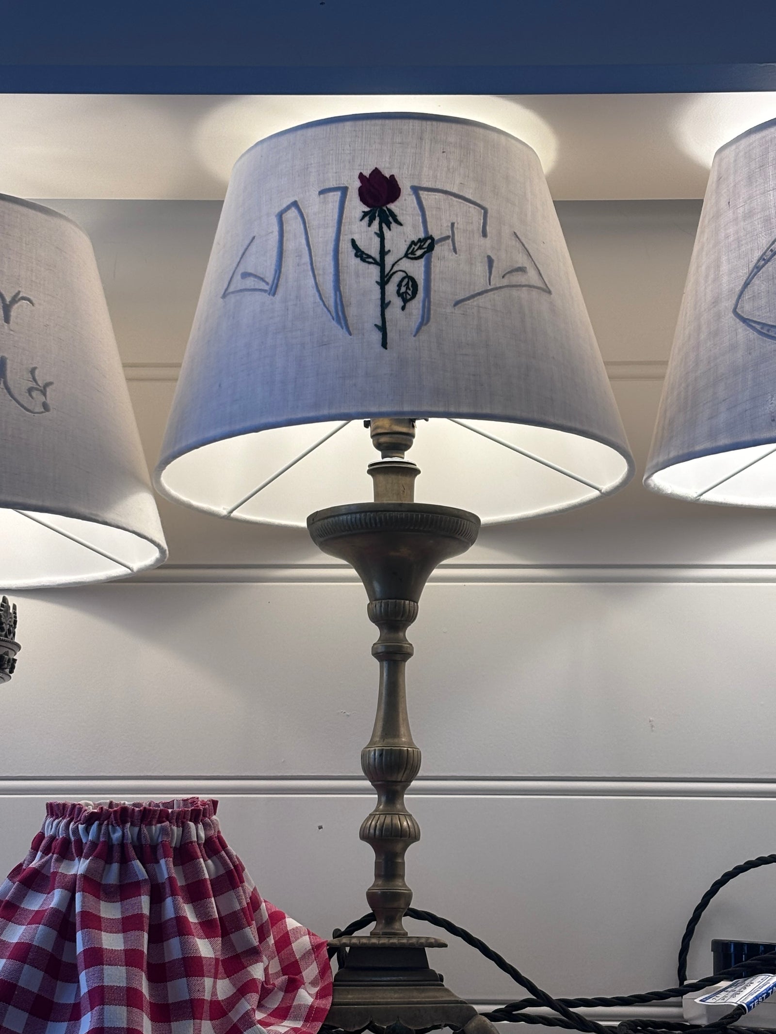 Brocante Gramon - Antique French Monogrammed Linen Lampshade with a French Rose - NF
