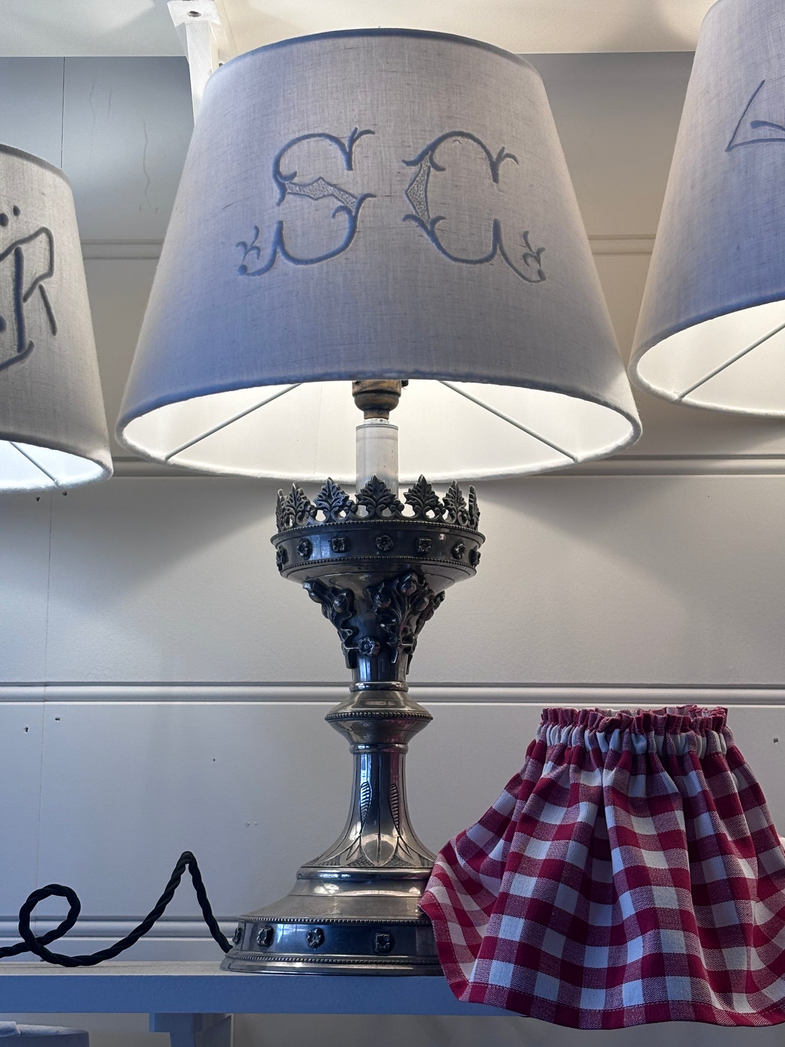 Brocante Gramon - Antique French Monogrammed Linen Lampshade - SC