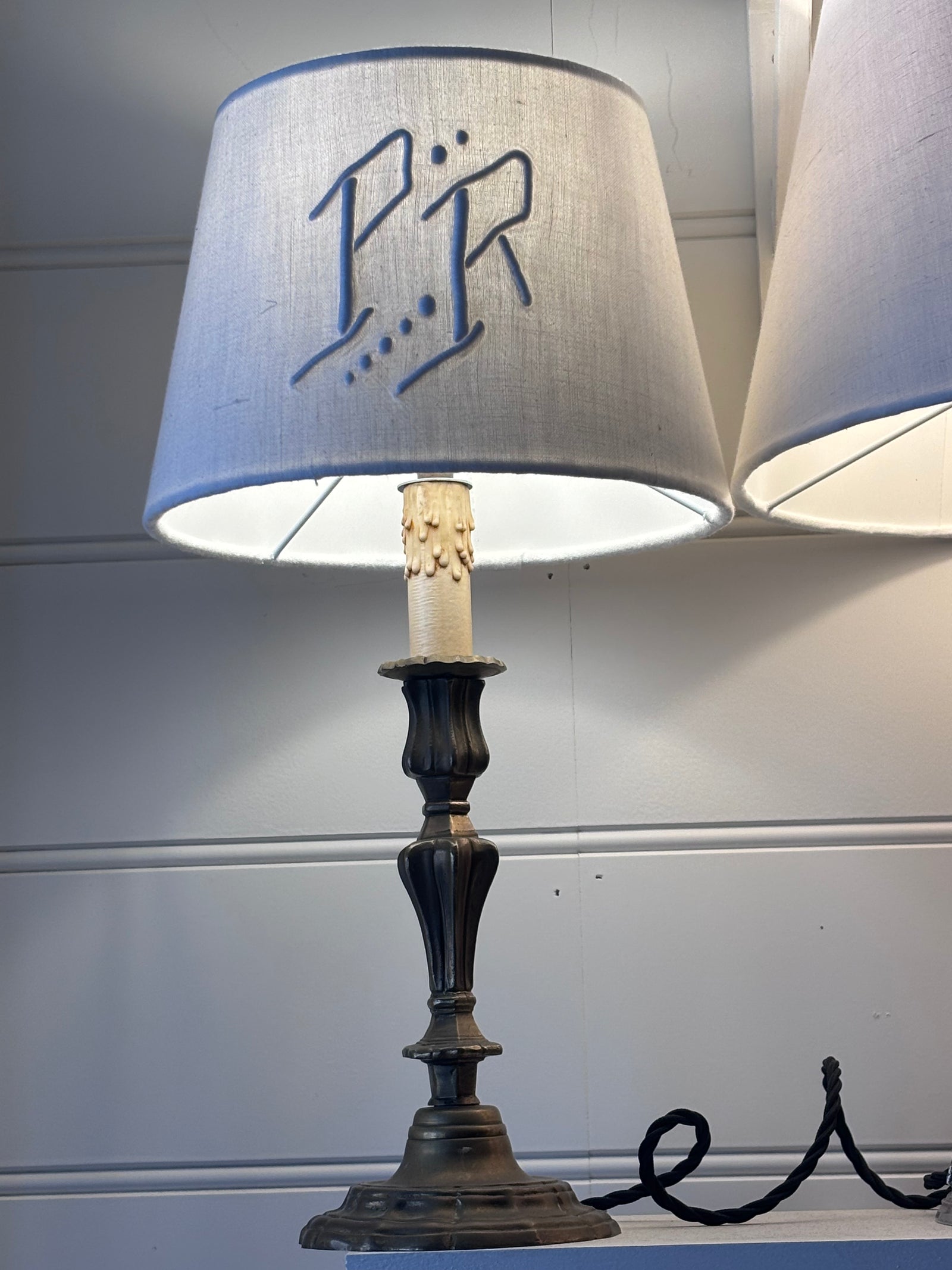 Brocante Gramon - Antique French Monogrammed Linen Lampshade - PR