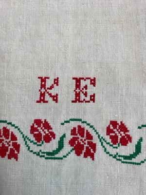 Brocante Gramon - Antique Linen Table Runner - monogrammed 'KE'