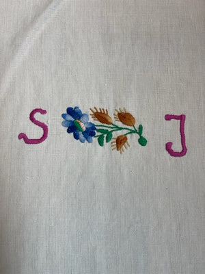 Brocante Gramon - Antique Linen Table Runner - monogrammed cross-stitched 'SJ'