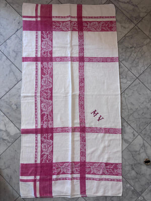 Brocante Gramon - Vintage French damask tablecloth monogrammed MV