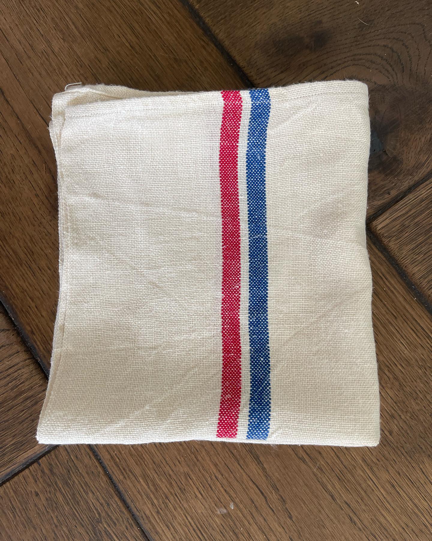 Brocante Gramon - Antique/Vintage Natural French Linen Tea Towels - Red + Blue Stripe - Set of 3