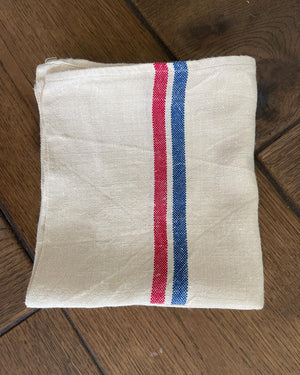 Brocante Gramon - Antique/Vintage Natural French Linen Tea Towels - Red + Blue Stripe - Set of 3