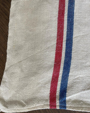 Brocante Gramon - Antique/Vintage Natural French Linen Tea Towels - Red + Blue Stripe - Set of 3