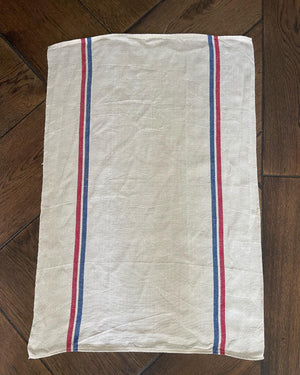Brocante Gramon - Antique/Vintage Natural French Linen Tea Towels - Red + Blue Stripe - Set of 3