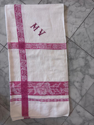 Brocante Gramon - Vintage French damask tablecloth monogrammed MV