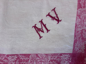 Brocante Gramon - Vintage French damask tablecloth monogrammed MV