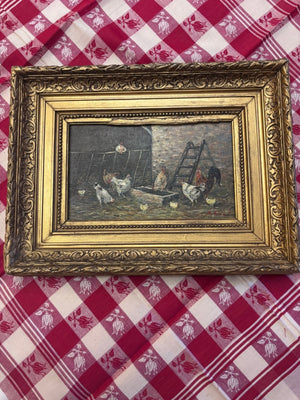 Brocante Gramon - Vintage French Oil Painting of Chickens
