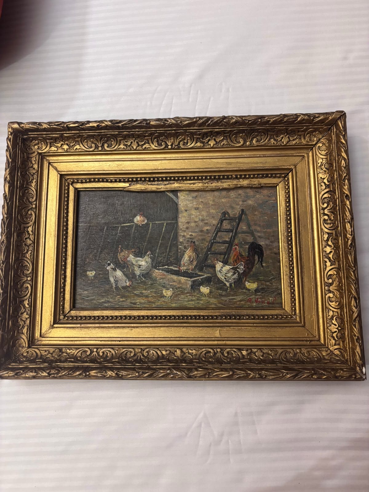 Brocante Gramon - Vintage French Oil Painting of Chickens