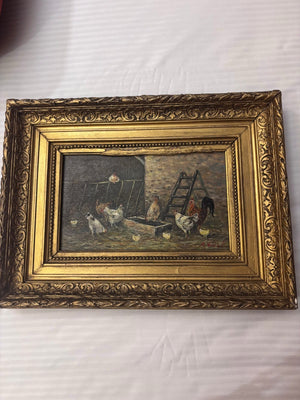 Brocante Gramon - Vintage French Oil Painting of Chickens