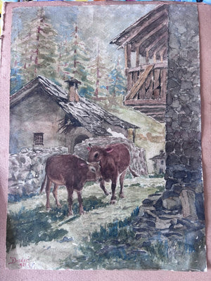 Brocante Gramon - Vintage Cow Painting on Paper
