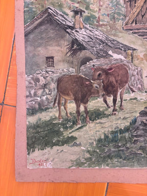 Brocante Gramon - Vintage Cow Painting on Paper