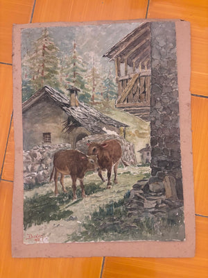 Brocante Gramon - Vintage Cow Painting on Paper