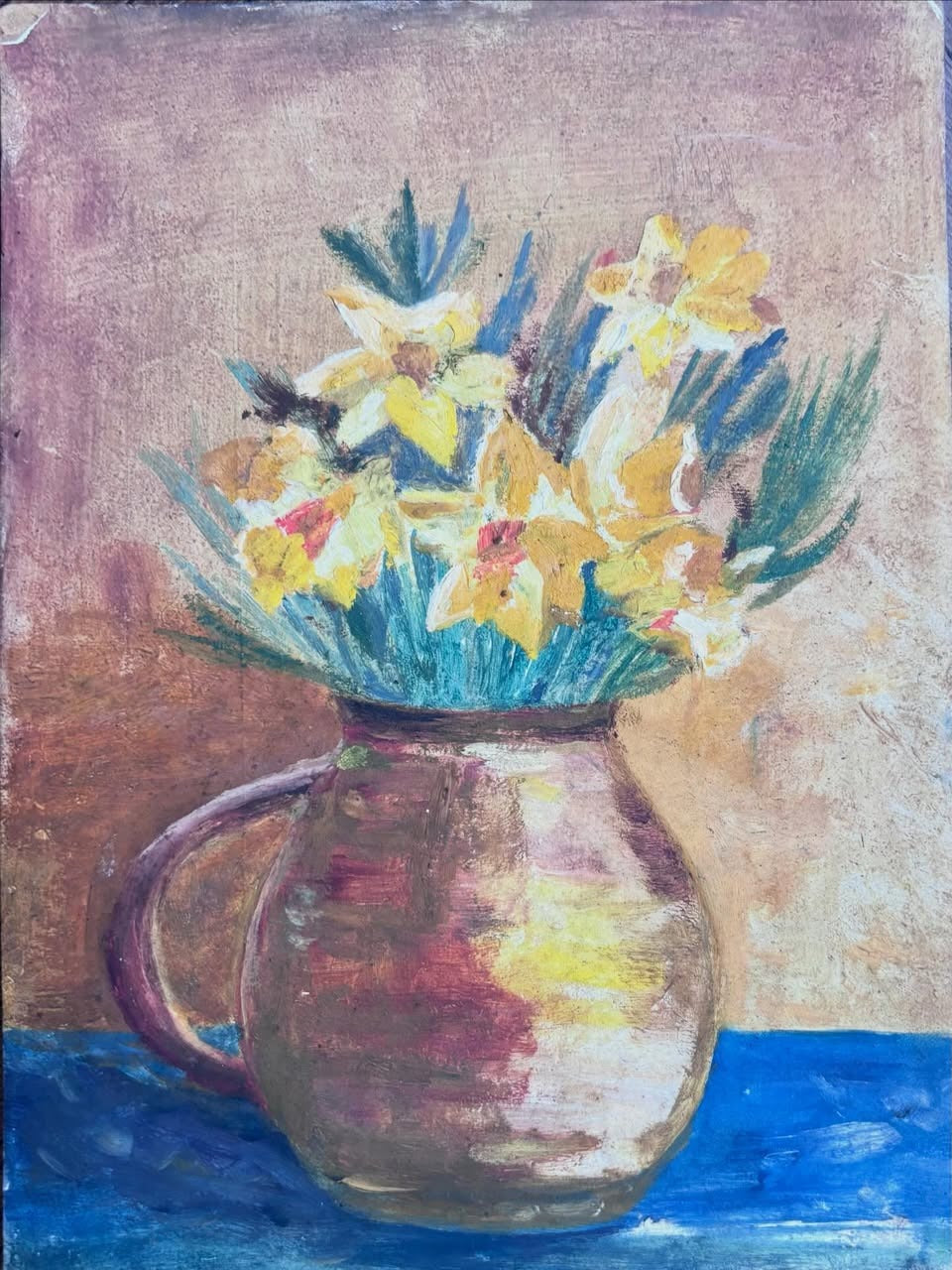 Brocante Gramon - Vintage French Daffodils oil painting on board