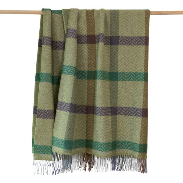Brocante Gramon - Merino Wool Cashmere Throw - Green Brown Grey Check Herringbone
