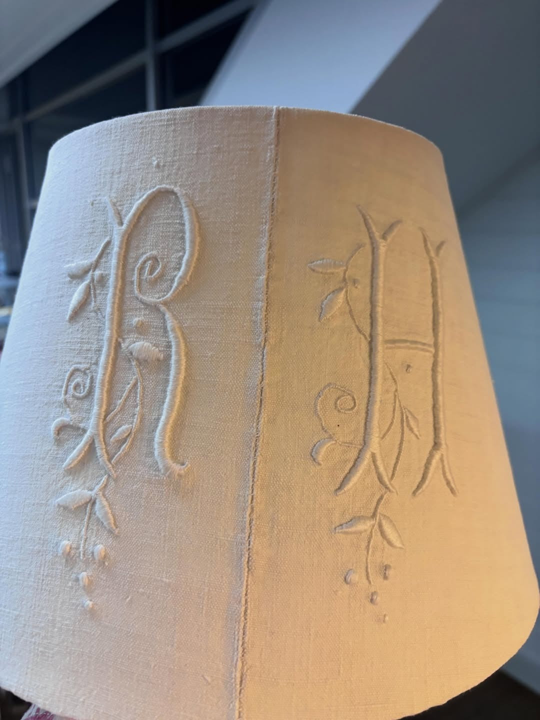 Brocante Gramon - Antique French Monogrammed Linen Lampshade - RH