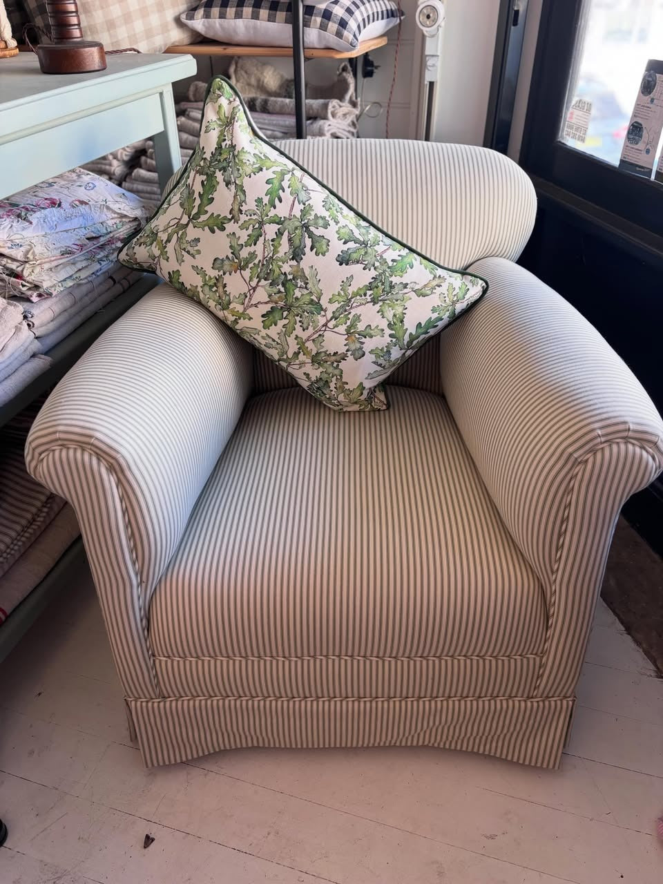 Brocante Gramon - Sage Green Ticking Armchair