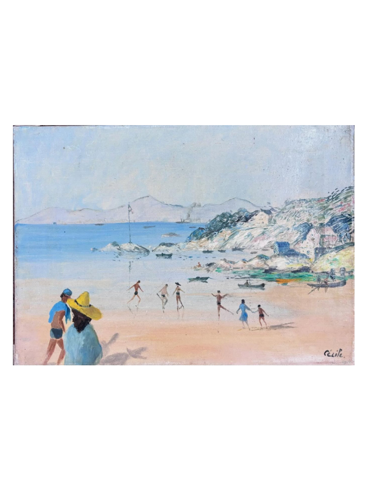 Brocante Gramon - Vintage Seaside oil painting  on canvas mounted on timber frame