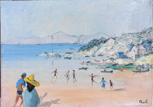 Brocante Gramon - Vintage Seaside oil painting  on canvas mounted on timber frame