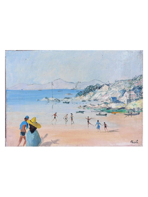 Brocante Gramon - Vintage Seaside oil painting  on canvas mounted on timber frame