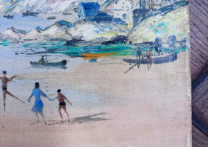 Brocante Gramon - Vintage Seaside oil painting  on canvas mounted on timber frame