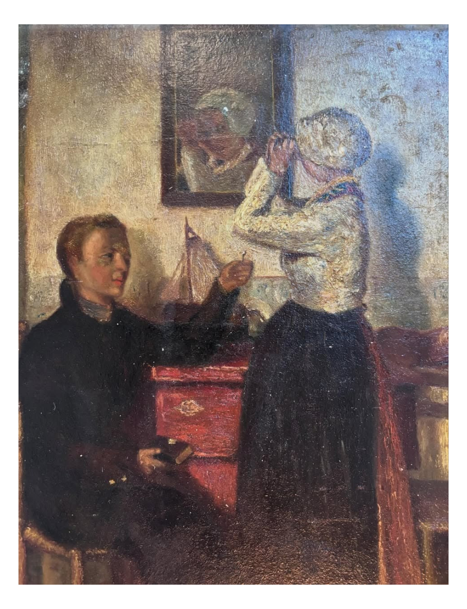 Brocante Gramon - Vintage French domestic scene oil painting on canvas mounted on timber frame
