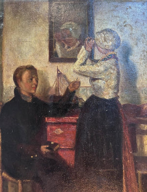 Brocante Gramon - Vintage French domestic scene oil painting on canvas mounted on timber frame