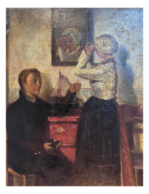 Brocante Gramon - Vintage French domestic scene oil painting on canvas mounted on timber frame