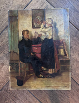 Brocante Gramon - Vintage French domestic scene oil painting on canvas mounted on timber frame