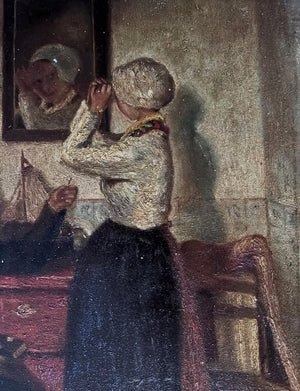 Brocante Gramon - Vintage French domestic scene oil painting on canvas mounted on timber frame
