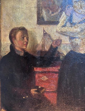 Brocante Gramon - Vintage French domestic scene oil painting on canvas mounted on timber frame