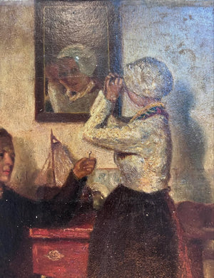 Brocante Gramon - Vintage French domestic scene oil painting on canvas mounted on timber frame