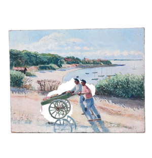Brocante Gramon - Vintage French rural seaside scene painting on canvas