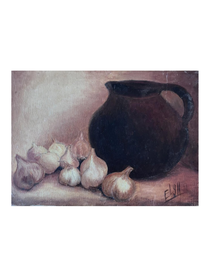 Brocante Gramon - Vintage French garlic still-life painting on canvas